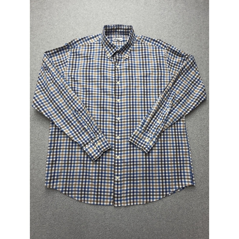 Peter Millar Shirt Mens XL Blue Brown Check Long Sleeve Button Front Stretch